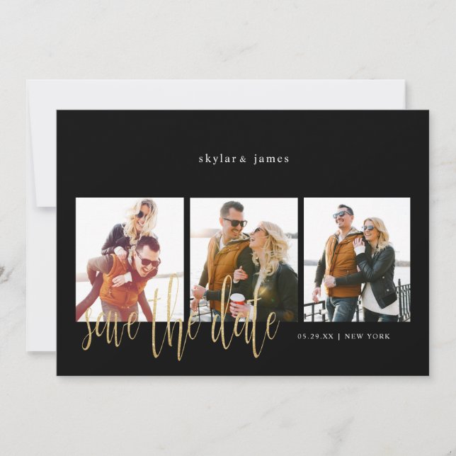 Modern Minimal Typographic Photo Collage Black Save The Date (Front)