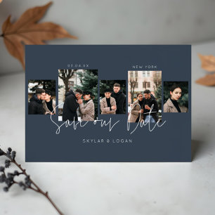 Modern Minimal Typographic Photo Collage Blue Save The Date