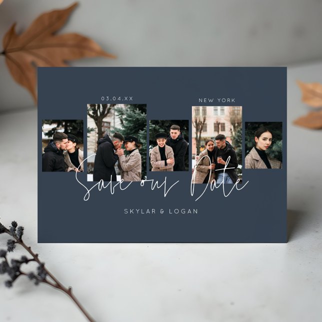 Modern Minimal Typographic Photo Collage Blue Save The Date (Modern Minimal Typographic Photo Collage Blue Save The Date)
