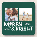 Modern minimal typography 2  photo Christmas   Bev Coaster<br><div class="desc">All may not be calm but all can still be bright with this fun modern colourful Christmas design. With space for 2 square photographs,  available in a selection of colours.</div>