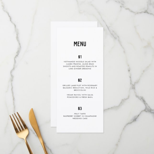 Modern Minimal Typography Black White Wedding Menu (Front/Back In Situ)