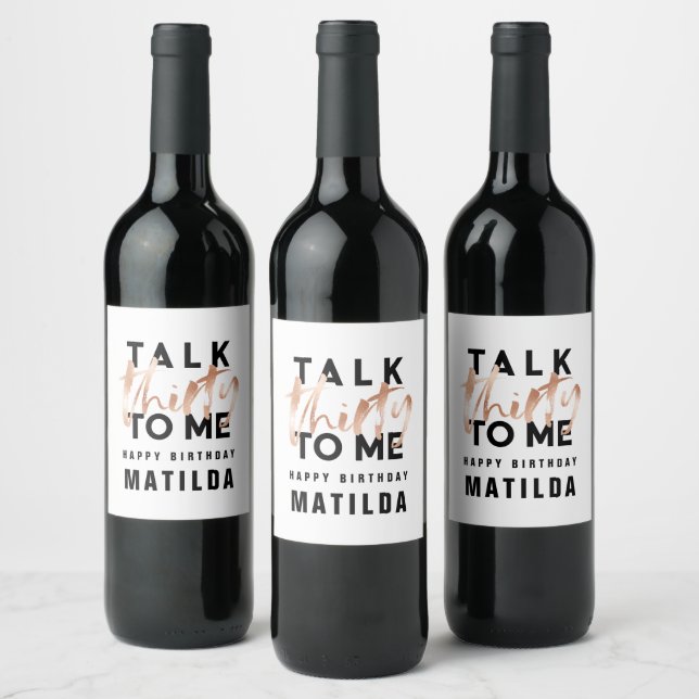 Modern minimal typography girly rose gold 30th wine label (Bottles)