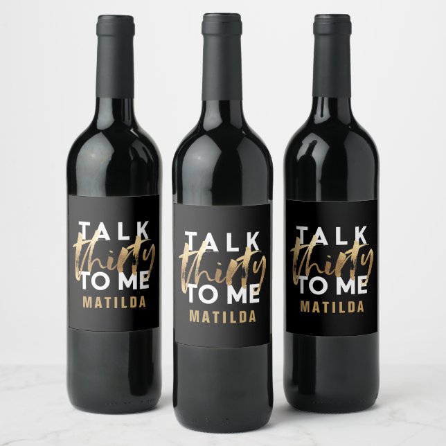 Modern minimal typography gold script 30th can coo wine label (Bottles)