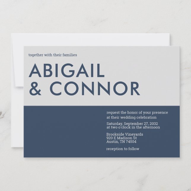 Modern Minimal Typography Navy Blue Grey Wedding Invitation (Front)