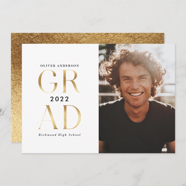 Modern minimal typography photo graduation gold invitation (Front/Back)