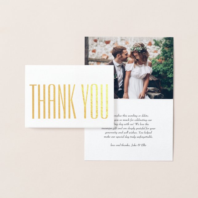 Modern Minimal Typography Photo Wedding Thank You Foil Card (Display)
