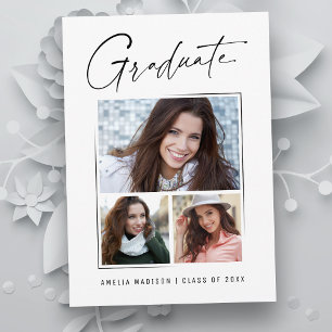 Modern Minimal Unique Ink Script Graduate 3 Photo Announcement