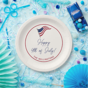 Modern Minimal US Flag 4th of July Party Name Paper Plate