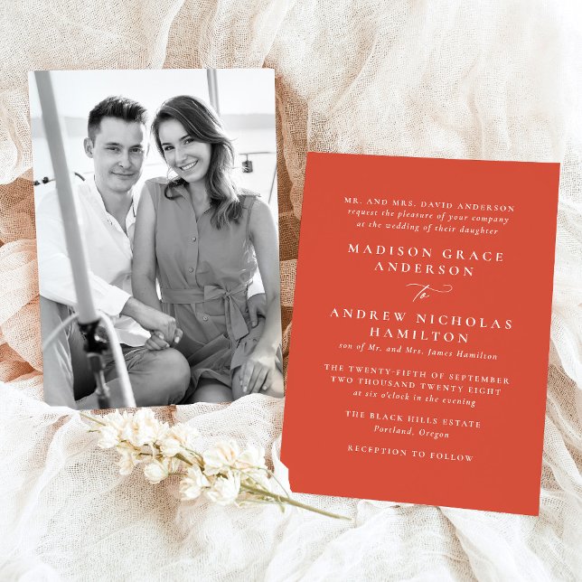 Modern Minimal Verona Sunset Orange Photo Wedding Invitation (Creator Uploaded)