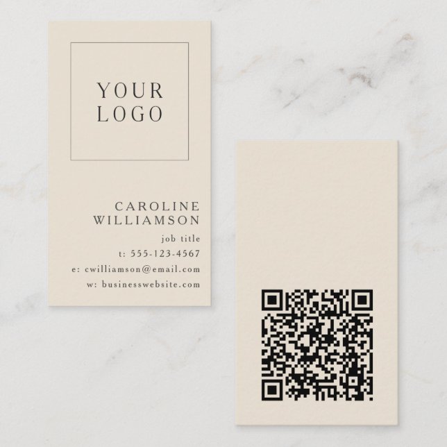 Modern Minimal Vertical Logo QR Code Ivory Black Business Card (Front/Back)