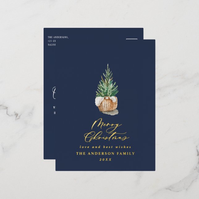 Modern minimal watercolor blue Christmas tree Foil Holiday Postcard (Front/Back)