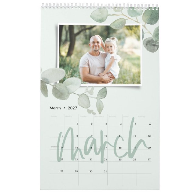 Modern minimal watercolor eucalyptus photo script calendar (Mar 2027)