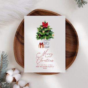 Modern Minimal Watercolor Merry Christmas Tree Holiday Card