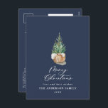 Modern minimal watercolor navy blue Christmas Holiday Postcard<br><div class="desc">Modern minimal foliage Christmas tree merry christmas script holiday Christmas card. Hand painted eucalyptus,  minimal foliage and modern rustic rattan wreath give this holiday card a luxurious feel. In classy navy blue,  greens,  browns and greys.</div>