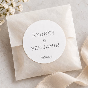 Modern Minimal Wedding Couple Names Black White Classic Round Sticker