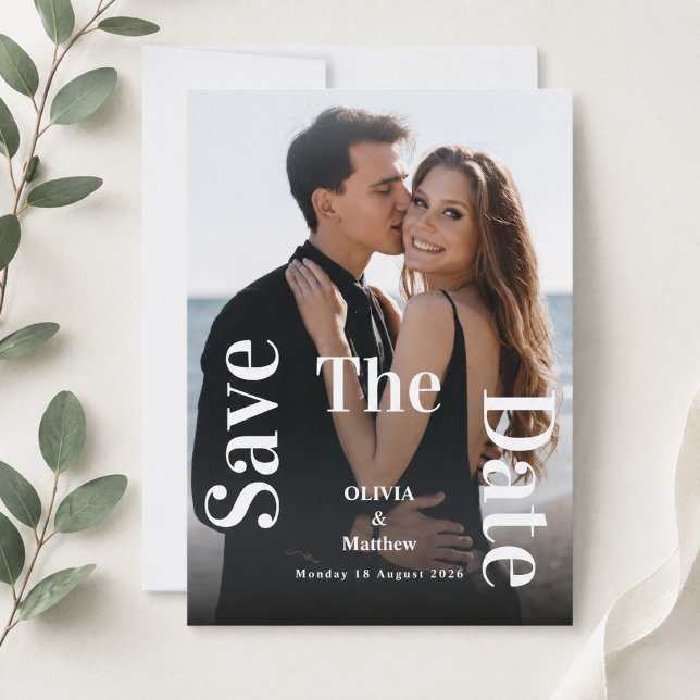 Modern Minimal Wedding Photo Overlay Bold Script Save The Date (modern minimalist wedding save the dates typography elegant simple engagement photo couple magazine)