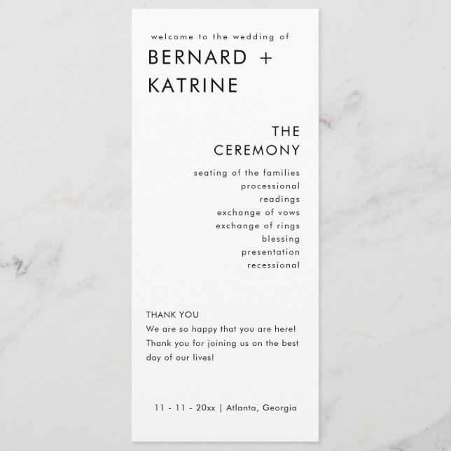 Modern Minimal Wedding Program Order Of Events Programme (Front)