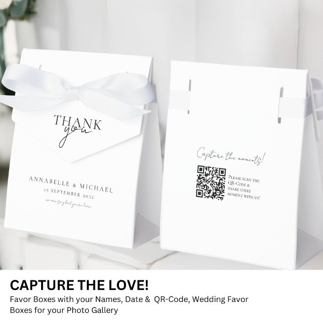 Modern, Minimal, Wedding QR Code Photo Sharing Favour Box (Modern, Minimal, Wedding QR Code Photo Sharing Favor Boxes with your names and date.)
