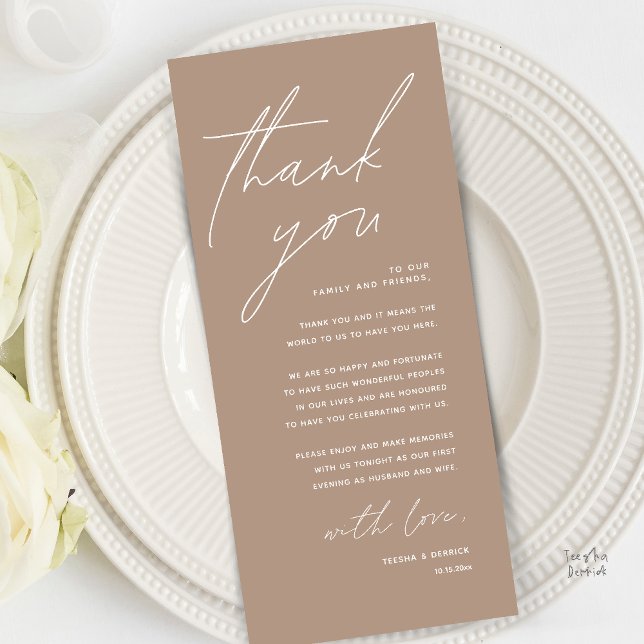 Modern Minimal Wedding Reception Thank You Card (Modern Minimal Wedding Reception Dinner Brunch Lunch Thank You Card in Warm Taupe Brown)