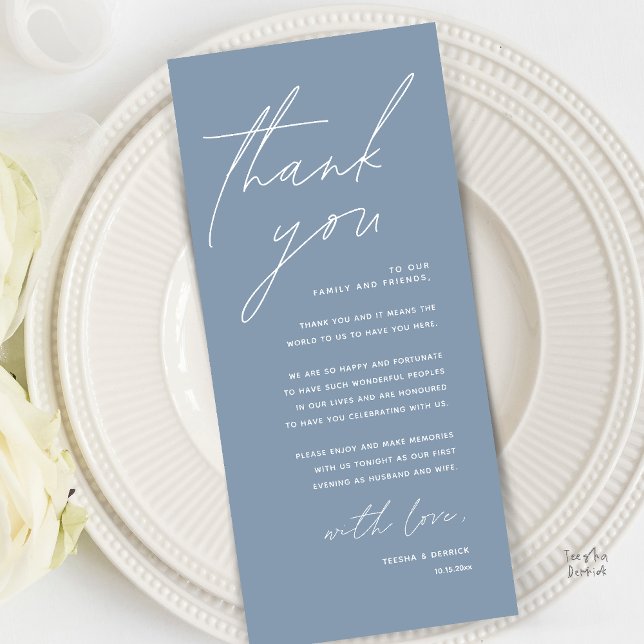 Modern Minimal Wedding Reception Thank You Card (Modern Minimal Wedding Reception Dinner Brunch Lunch Thank You Card in Dusty Blue)