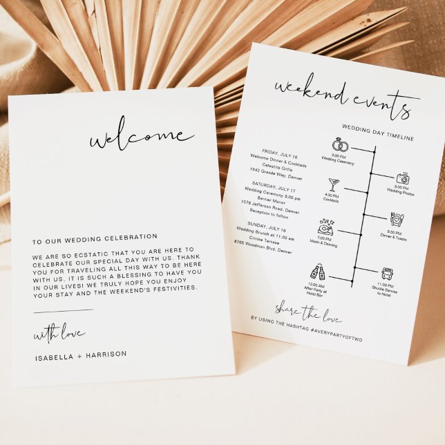 Modern Minimal Welcome Letter Timeline Card (Modern minimalist wedding welcome letter with schedule and icon timeline backside.)