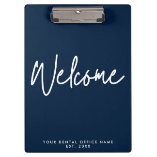 Modern Minimal Welcome Script Dental Office Blue Clipboard