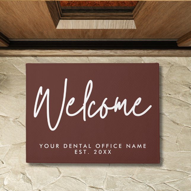 Modern Minimal Welcome Script Dental Office Brown Doormat (Creator Uploaded)