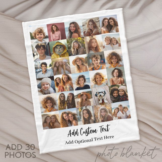 Modern Minimal White 30 Photo Collage Fleece Blanket (Custom Fleece Blanket with Photo Collage for Family and Friends)