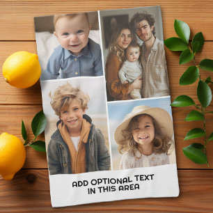 Modern Minimal White 4 Photo Collage - Chunky Text Tea Towel
