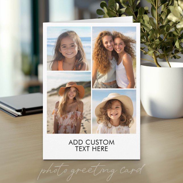 Modern Minimal White 4 Photo Collage - with Text Card (Photo Greeting Card)