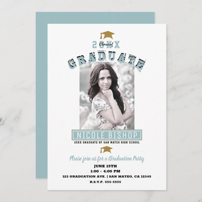 Modern Minimal White Blue Photo Graduation Party  Invitation (Front/Back)