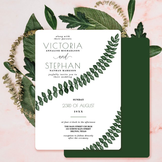 Modern Minimal White Green Leaves Greenery Wedding Invitation (Creator Uploaded)
