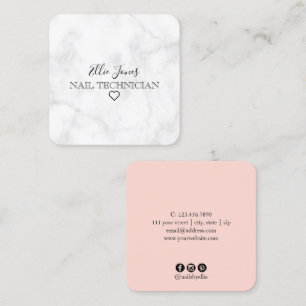 Modern minimal white marble & blush pink nails square business card