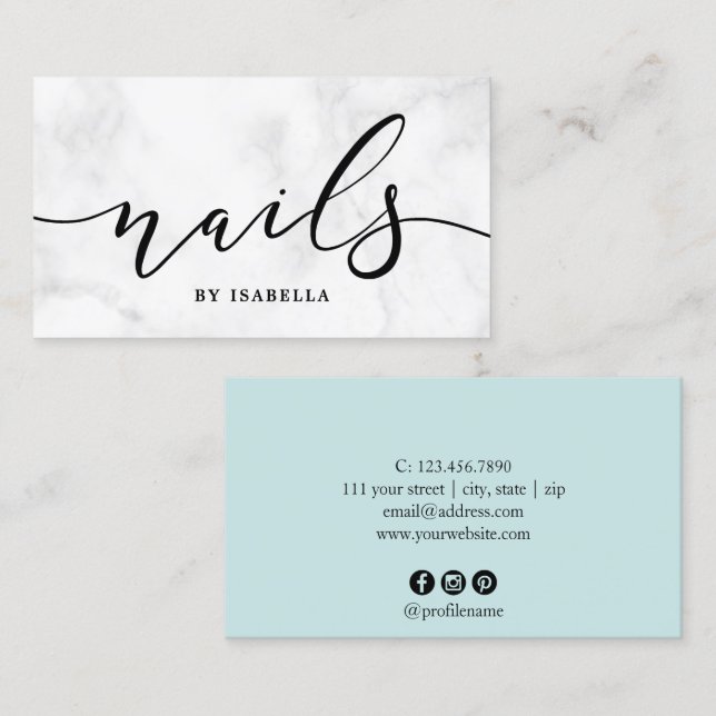 Modern minimal white marble & mint nails business card (Front/Back)