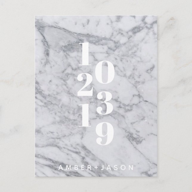 modern minimal white marble Save the Date Announcement Postcard (Front)