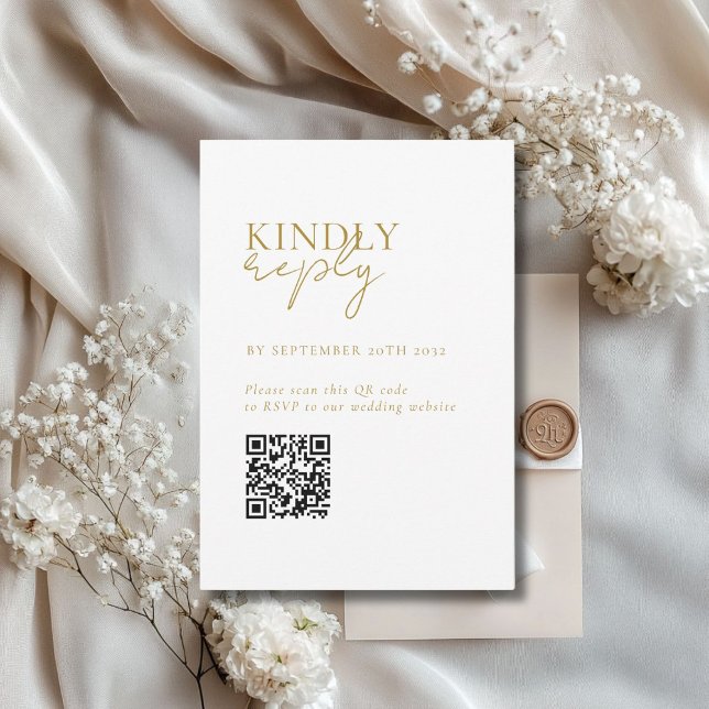 Modern, Minimal, White, QR Code Wedding RSVP  Enclosure Card (Modern, Minimal, White + Beige + Gold, QR Code Wedding RSVP Enclosure Card)