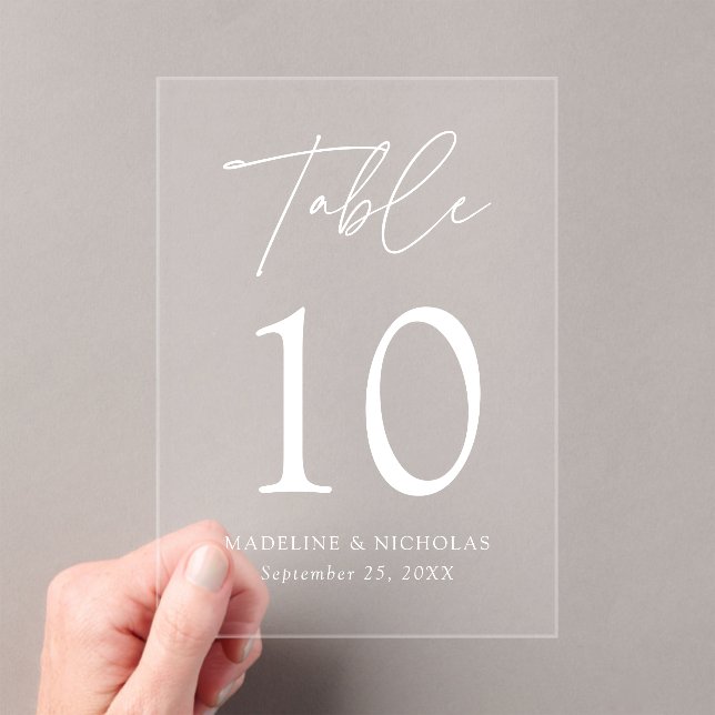 Modern Minimal White Script Acrylic Table Number (Insitu (Handheld))