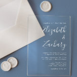 Modern Minimal White Script Wedding Acrylic Invitations<br><div class="desc">This simple modern wedding invitation features white text on a clear transparent background. Add the names of the bride and groom in stylish handwriting calligraphy and the details in sans serif font.</div>