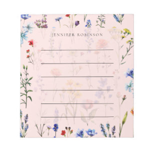 Modern Minimal Wildflower Meadow Name Blush Pink Notepad