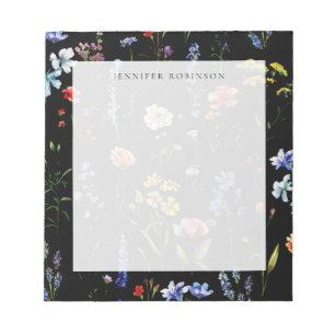Modern Minimal Wildflower Meadow w/ Name Black Notepad