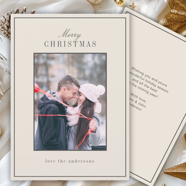 Modern Minimal Winter Photo Holiday Card (Simple "Merry Christmas Card" beige, gray, script font.)