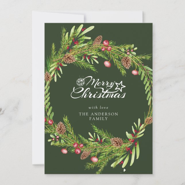 Modern Minimal  wreath script Merry Christmas  Holiday Card (Front)