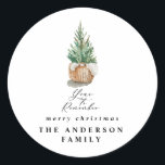 modern minimal year to remember christmas tree classic round sticker<br><div class="desc">Modern minimal foliage Christmas tree year to remember script holiday Christmas card. Hand painted eucalyptus,  minimal foliage and modern rustic rattan wreath give this holiday card a luxurious feel. In classy greens,  browns and greys.</div>
