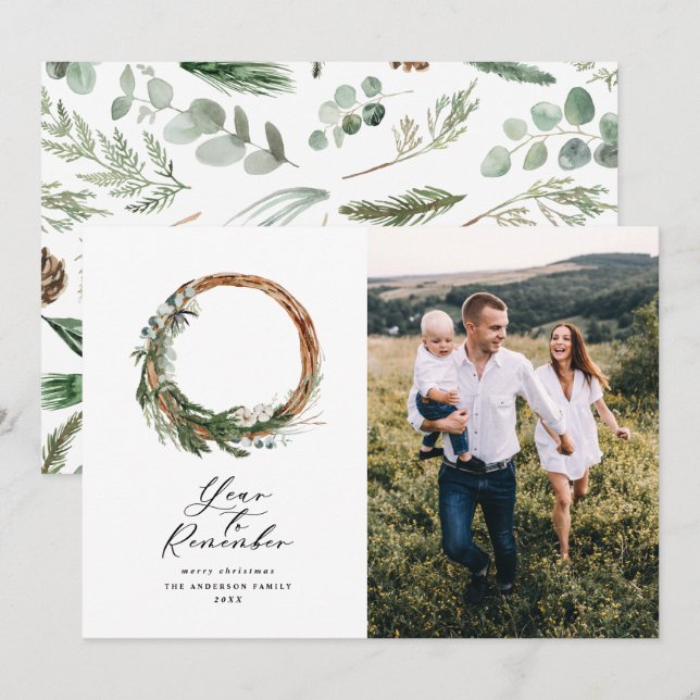 Modern minimal year to remember holiday botanical card (Front/Back)