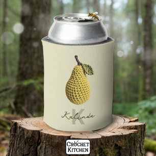 Modern Minimal Yellow Crochet Pear Monogram Name Can Cooler