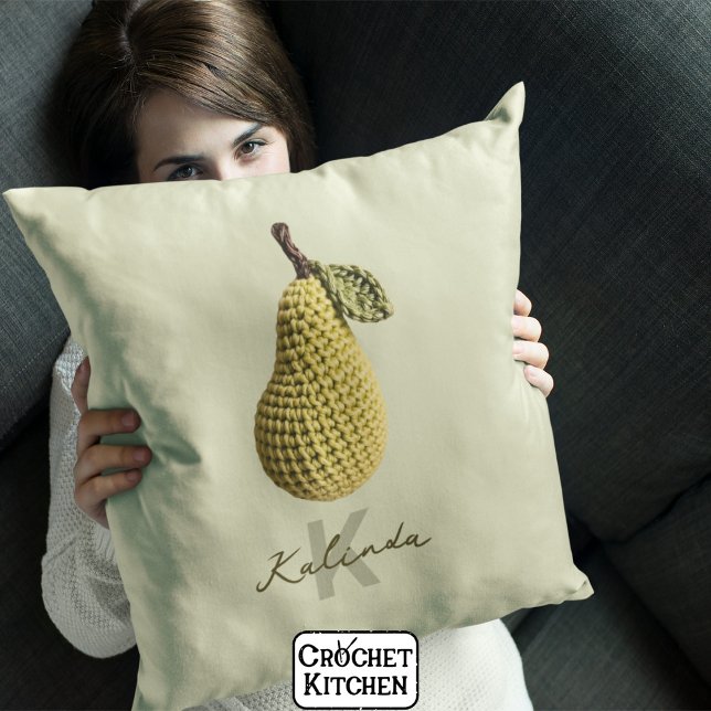 Modern Minimal Yellow Crochet Pear Monogram Name  Cushion (Creator Uploaded)