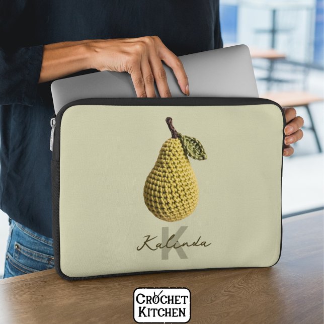 Modern Minimal Yellow Crochet Pear Monogram Name  Laptop Sleeve (Creator Uploaded)
