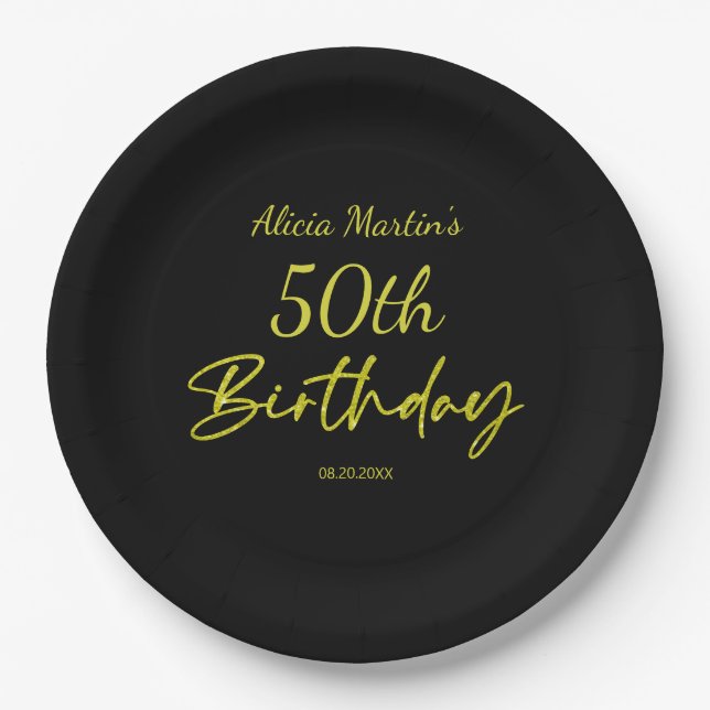 Modern & Minimal Yellow Typography Black Birthday Paper Plate (Front)