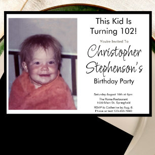 Modern Minimalist 102nd Birthday Photo Invitation