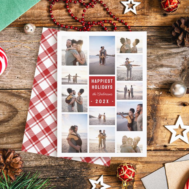 Modern Minimalist 12 Photo Collage Christmas Holiday Card (Creator Uploaded)
